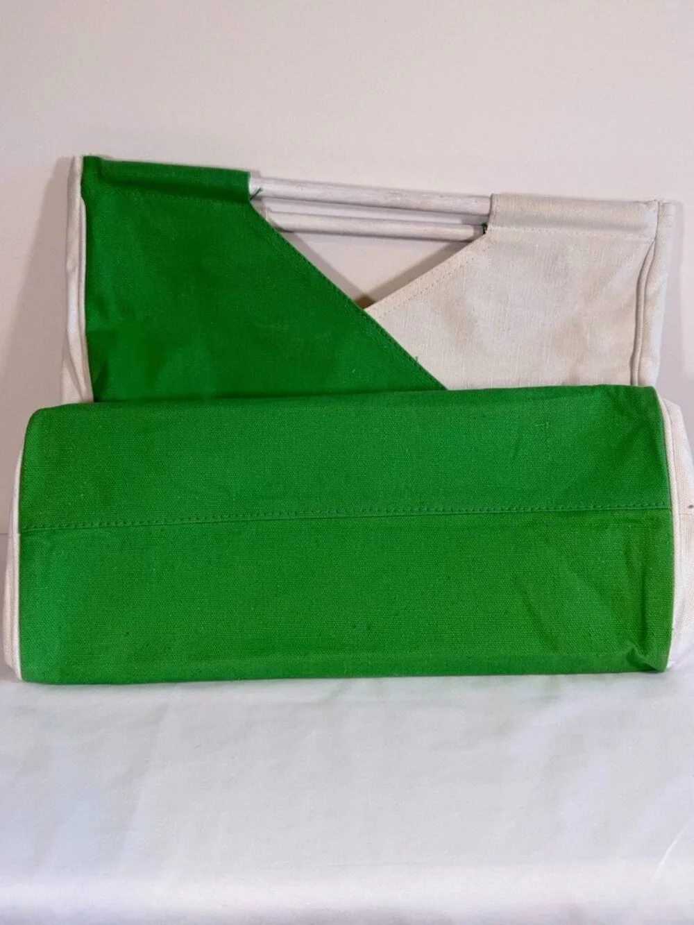 80s Wooden Handle Colorblock Canvas Tote Green White Bag Vintage
